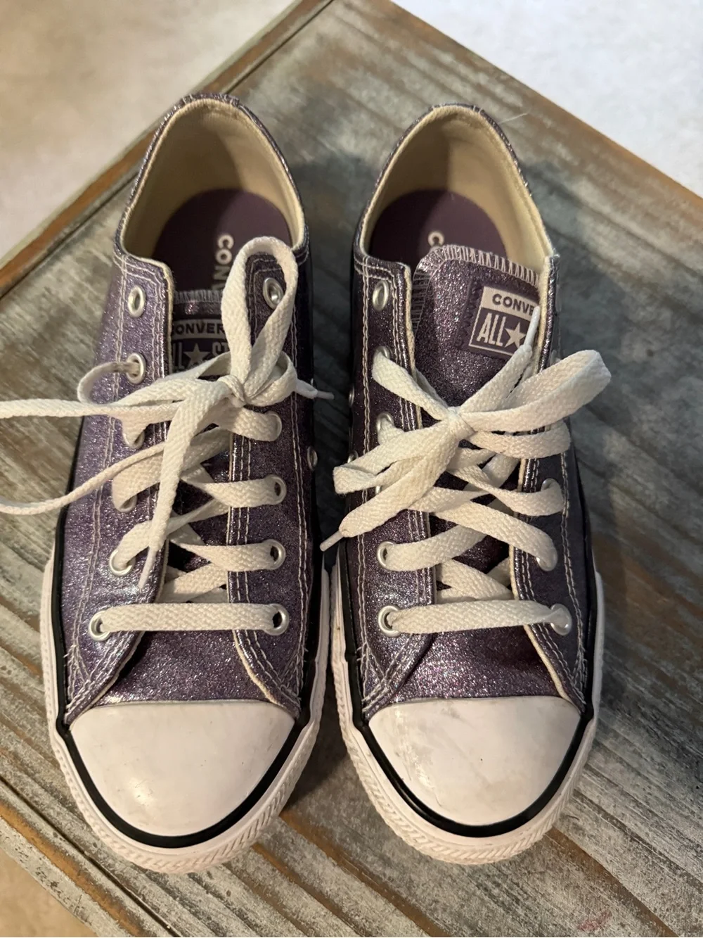 3 pairs of girls shoes…brown sandals, Glitter Purple Converse & patriotic clogs